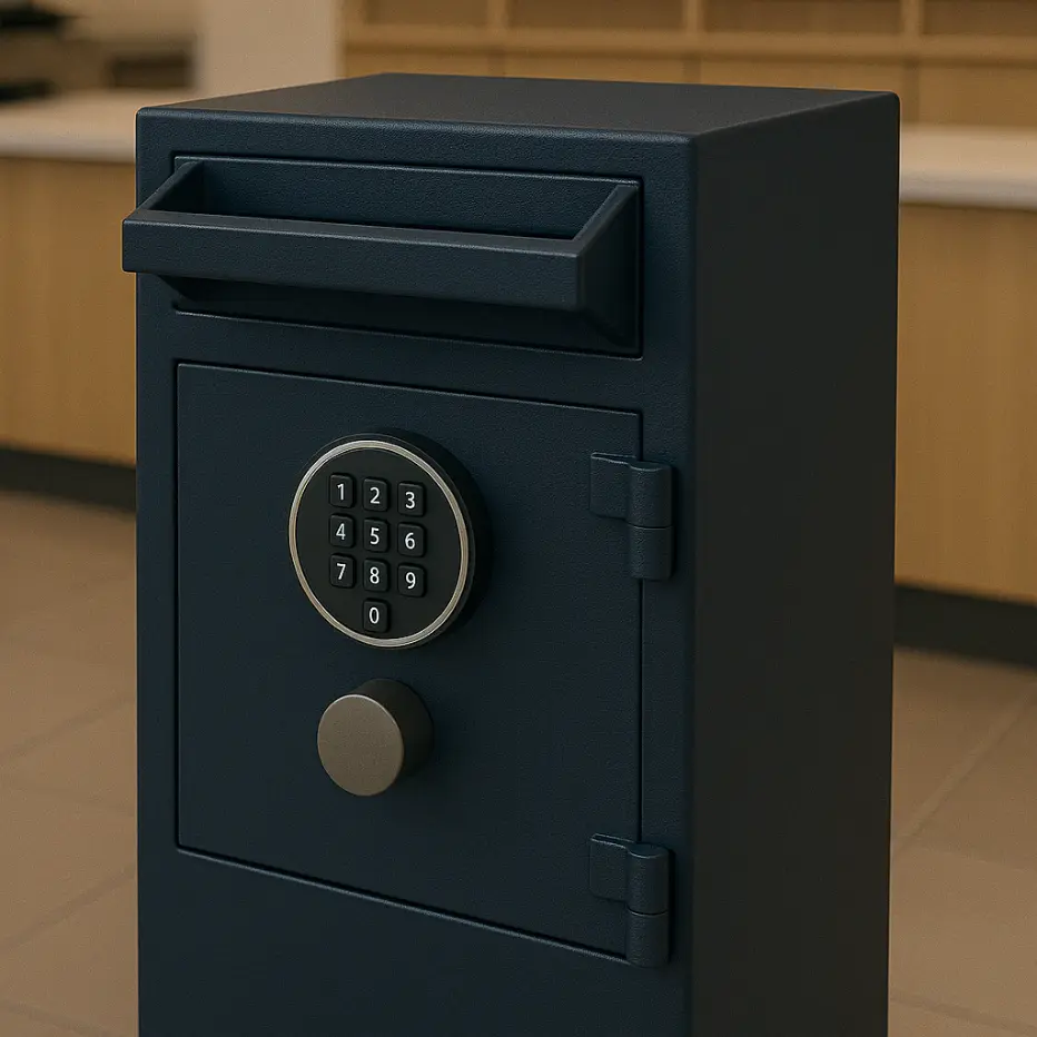Tall depository safe with keypad and drop slot in a modern office