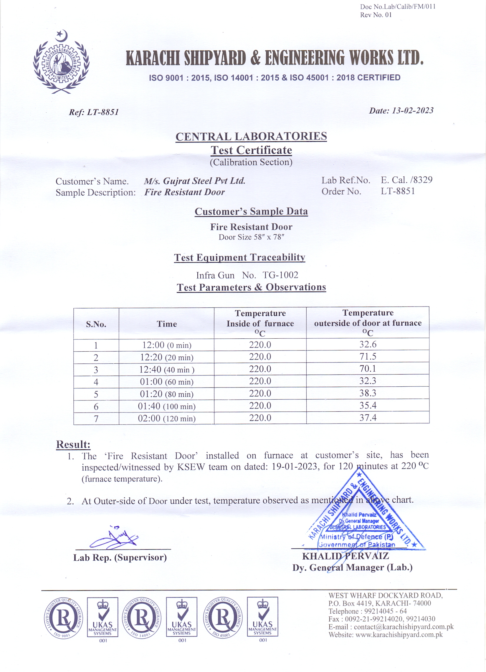Gujrat Steel KSEW Fire-Resistant Door Certificate
